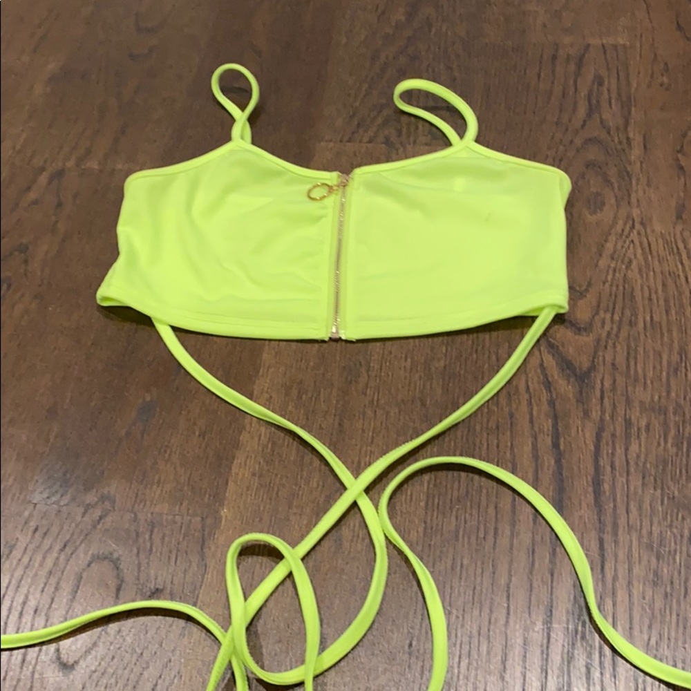 yellow zip up crop top with wrap around ties